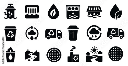 Environmental and recycling solid icons set – trash, eco, sustainability symbols