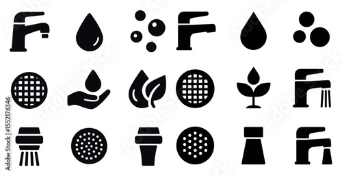 Water and plumbing silhouette icons set – solid, filled, utility and conservation designs
