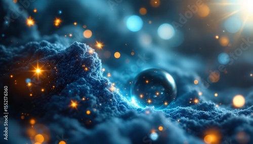 Cosmic landscape with swirling galaxy and rocky surface in space  