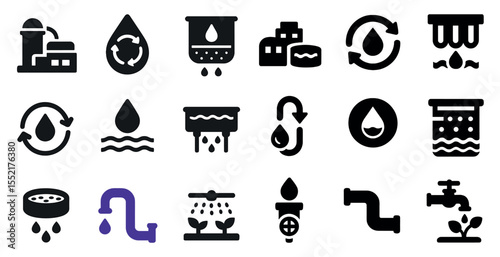 Water conservation filled icons set – solid, recycling, eco-friendly design symbols