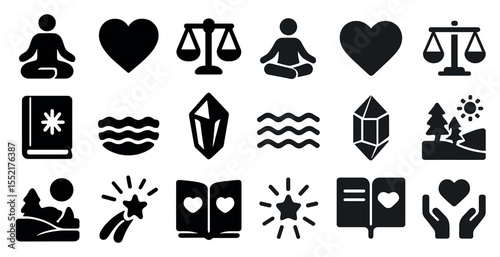 Wellness and balance icons set – silhouette, mindfulness, harmony symbols