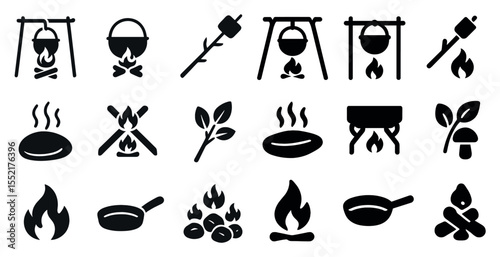 Camping and outdoor silhouette icons set – nature, adventure, wilderness symbols