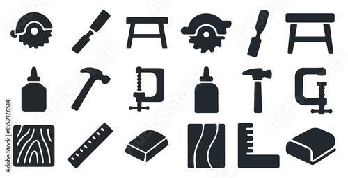 Carpentry solid icons set – woodworking, tool symbols, silhouette design