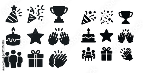 Celebration and party icons set – solid, filled, festive and event symbols
