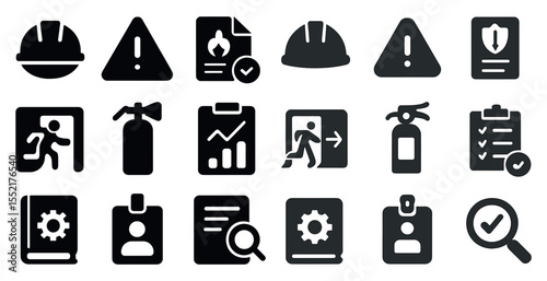 Safety and security solid icons set – alert, protection symbols for workplace safety