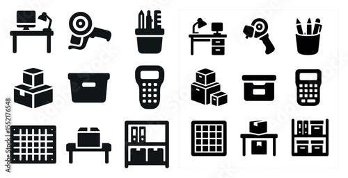 Office supplies solid icons set – filled, work essentials, business tools collection