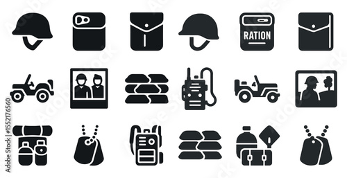 Military and army solid icons set – silhouette, tactical, defense symbols