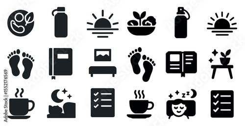 Healthy living solid icons set – lifestyle, wellness, fitness symbols