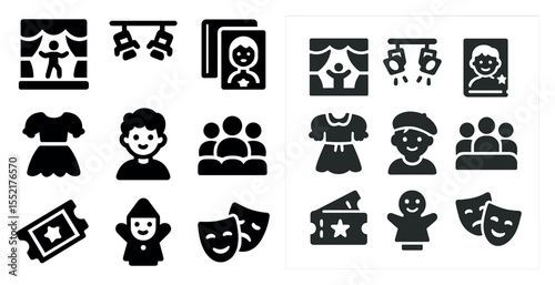 Theater and performance solid icons set – filled, dramatic, stage symbols