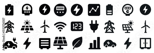Renewable energy silhouette icons set – wind, solar, power generation signs