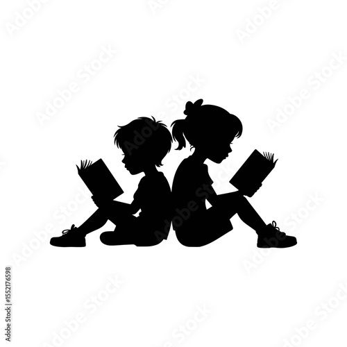 Silhouette of Readers: Two young children sit back-to-back, completely engrossed in their books, creating a sense of calm and solitude within the context of reading.