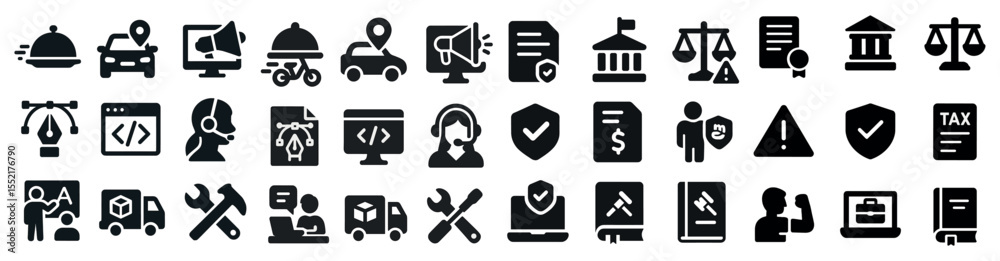 Business and services icons set – solid, silhouette, work and professional symbols Business and services icons set – solid, silhouette, work and professional symbols