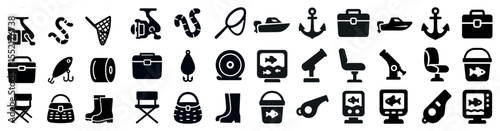 Fishing and boating silhouette icons set – solid, filled, angling and marine symbols
