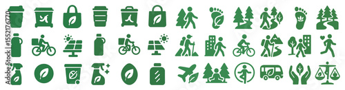 Sustainable lifestyle icons set – solid, filled, eco-friendly and green living symbols