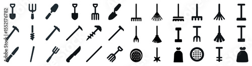 Gardening tools solid icons set – filled, flat, agriculture and horticulture symbols