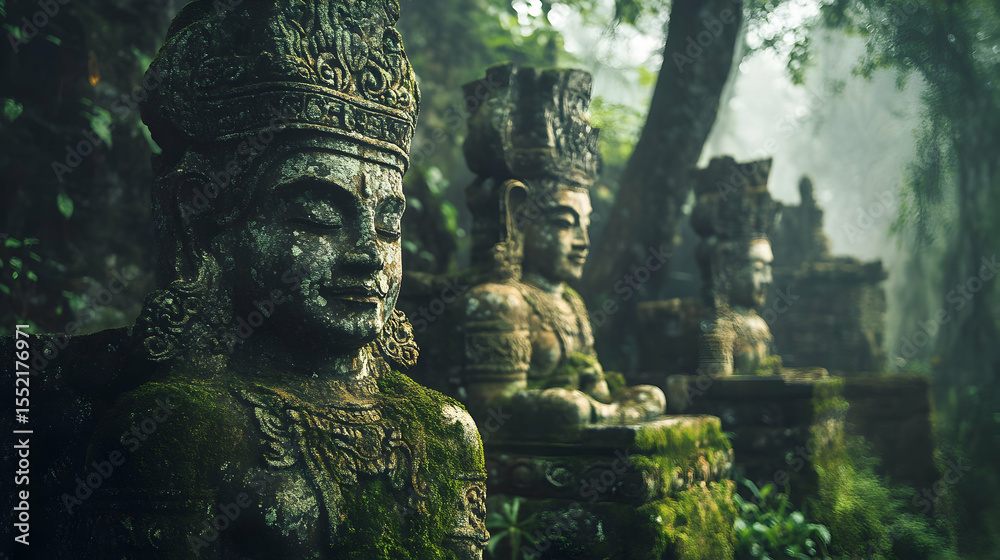 Fototapeta premium Ancient stone statues in lush jungle setting with mystical atmosphere