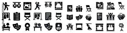 Theater and drama solid icons set – flat, filled, performance and stage symbols