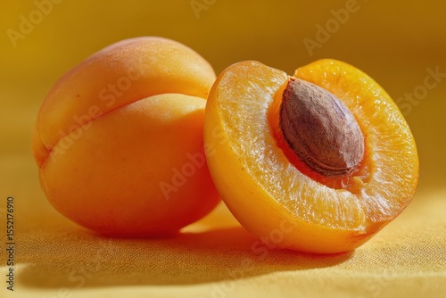 Fresh apricot with seed, close-up on a yellow background