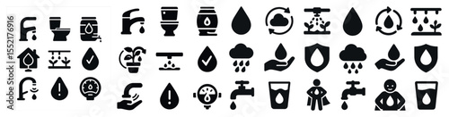 Water conservation solid icons set – silhouette, filled, eco and sustainability symbols