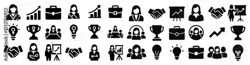 Business and success silhouette icons set – solid, filled, corporate symbols