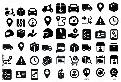 Delivery and shipping solid icons set – flat, filled, logistics and courier symbols