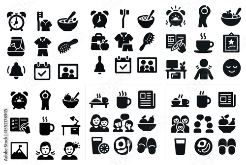Daily routine solid icons set – everyday, filled, lifestyle symbols