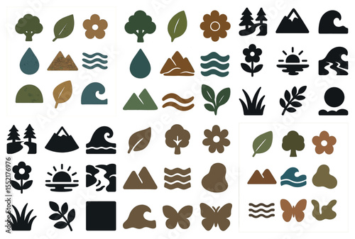 Nature and adventure icons set – filled, solid, outdoor and wilderness symbols