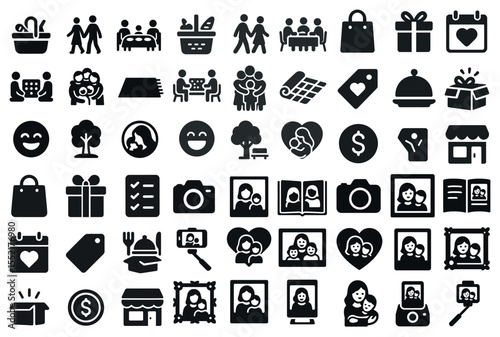 Family and lifestyle solid icons set – silhouette, filled, home and community symbols