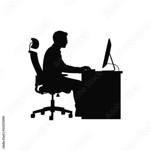 Silhouette of Dedication: A focused individual delves into work at a desk, their silhouette emphasizing concentration and the commitment to productivity in a modern office setting. 