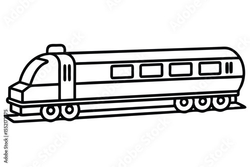 Outlined Cartoon Train Illustration with Windows and Wheels on Black Rails