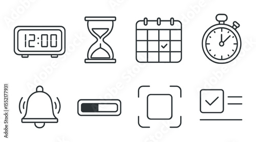 Time management icons set – outline, productivity and organization symbols