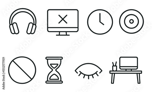 Productivity and focus icons set – outline style, efficient work and concentration designs