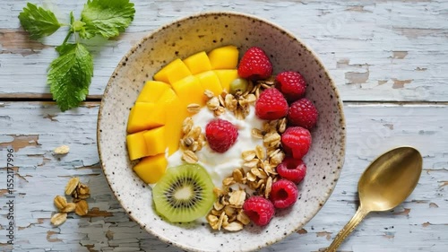 Delicious fruit bowl with mango, kiwi, and raspberries served with yogurt and granola for a healthy breakfast