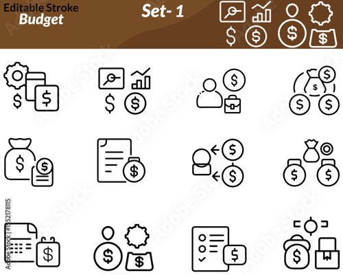 A budget icon set includes vector illustrations of financial tools like wallets, calculators, pie charts, dollar signs, documents, savings jars, and expense sheets. Ideal for personal finance apps.