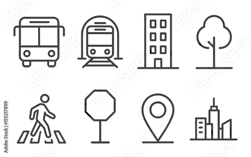 City transport and building icons set – linear, urban and architecture symbols