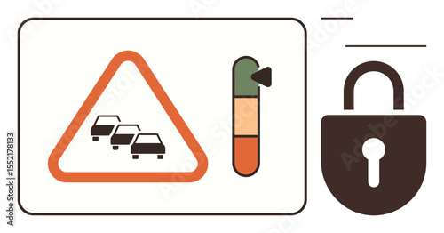 Traffic sign with cars, alert gauge, and lock symbolizing road safety, congestion alerts, and secured systems. Ideal for transportation, security, traffic management, warning systems risk