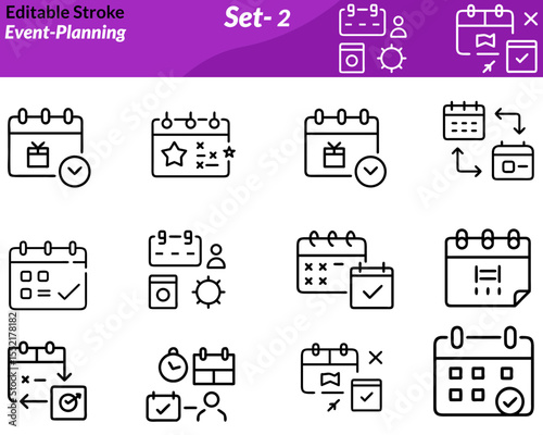 An event planning icon set includes vector illustrations of elements like calendars, checklists, balloons, invitations, decorations, clocks, and venue setups. Ideal for wedding planners, corporate.
