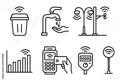 Smart utilities icons set – line, connected and modern urban infrastructure symbols