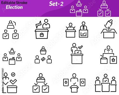 An election icon set includes vector illustrations representing the voting process, such as ballot boxes, voting hands, checkmarks, ID cards, political symbols, megaphones, and campaign signs.