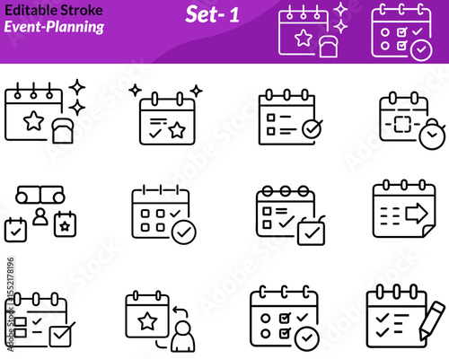An event planning icon set includes vector illustrations of elements like calendars, checklists, balloons, invitations, decorations, clocks, and venue setups. Ideal for wedding planners, corporate.