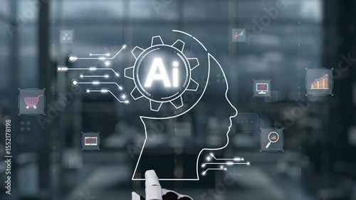 This video visually represents the concept of artificial intelligence with a robotic hand pointing at the gear symbolizing innovation and advanced technology in a contemporary workspace. Auvana