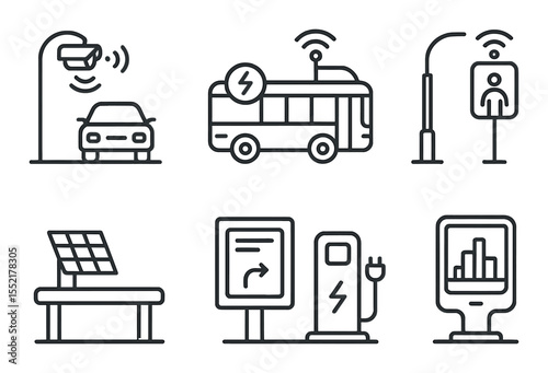 Smart city icons set – outline style, urban innovation, sustainable design symbols