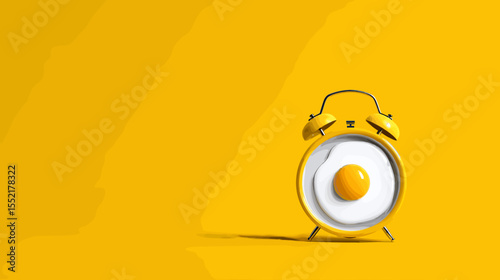 Yellow alarm clock with egg design on bright yellow background  