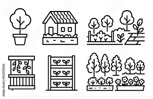 Urban greenery icons set – line style, garden and nature symbols for sustainable design