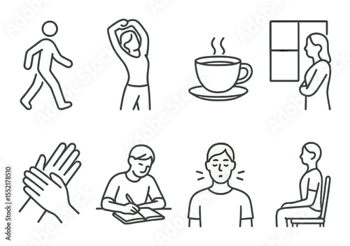 Mindful break icons set – outline, relaxation and meditation symbols for wellness