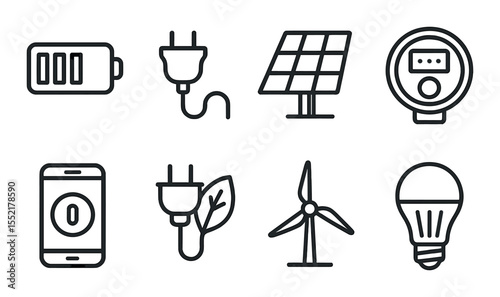 Energy awareness linear icons set – power, eco-friendly, sustainable design symbols