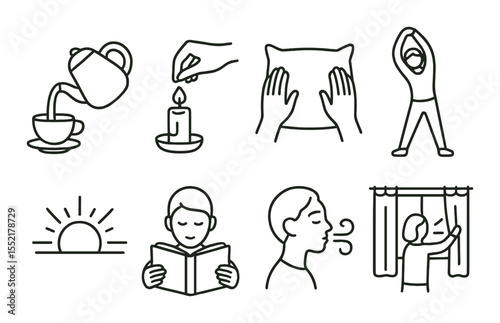Daily ritual line icons set – simple, routine and habit symbols for lifestyle design