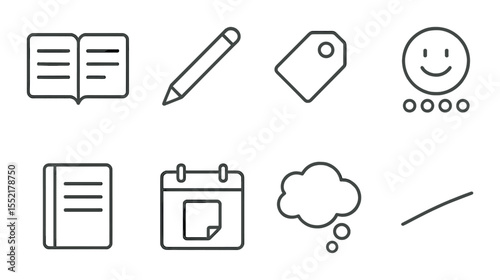 Digital journaling icons set – outline, planning and note-taking symbols for productivity