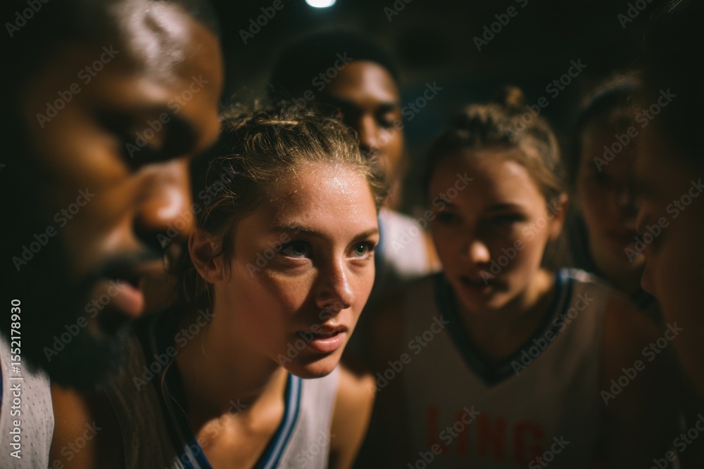 Fototapeta premium Players in a huddle intensely discuss strategy as they prepare for the final minutes of a competitive basketball game