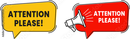 Dual ATTENTION PLEASE! Yellow and Red Megaphone Banner for Alerts, Notices, or Website Popups – Urgent Message Visual Design Element